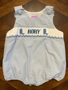 Rory personalized smocked Light Blue Baby One-Piece bubble with cowboy boot